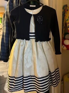 Navy & Ivory Striped Hem Party Dress with Cropped Cardigan